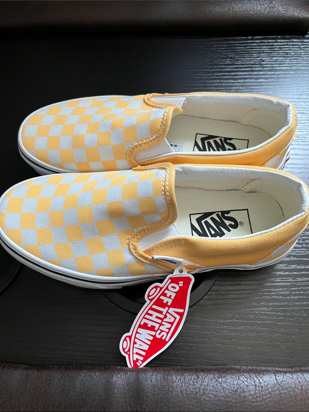 Vans Kids Yellow and White Checkerboard Slip-On Sneakers
